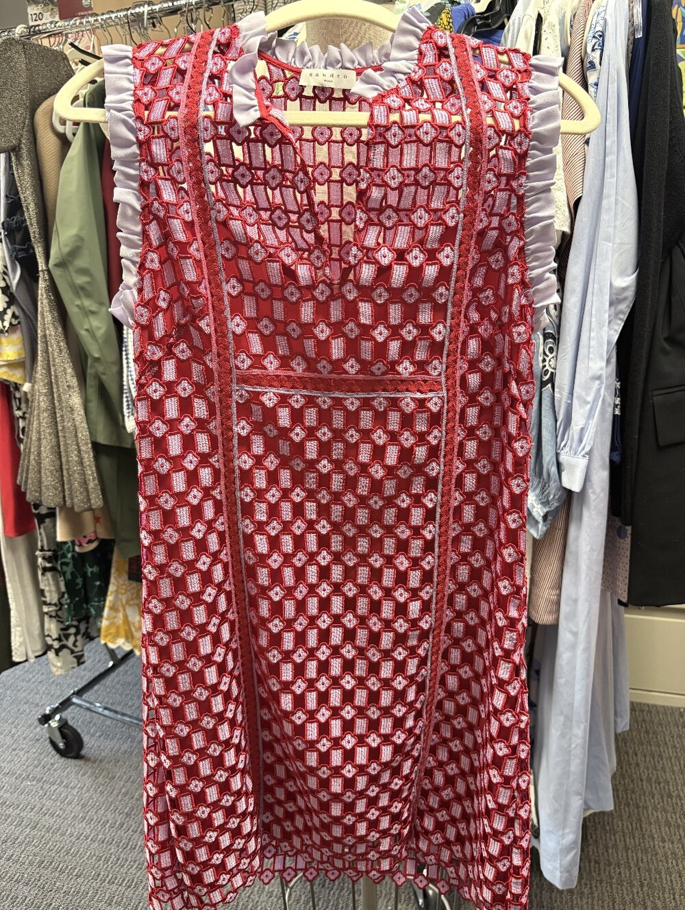 Sandro Red and White Crochet Overlay Tunic